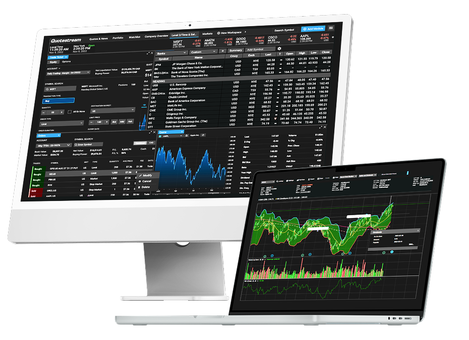 A laptop and computer monitor showing market stats and live charts