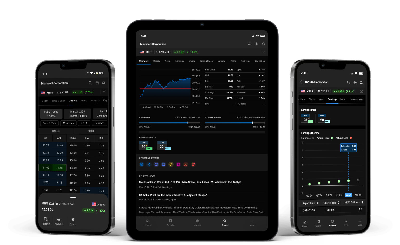 Three mobile devices showcasing different Quotestream app capabilities